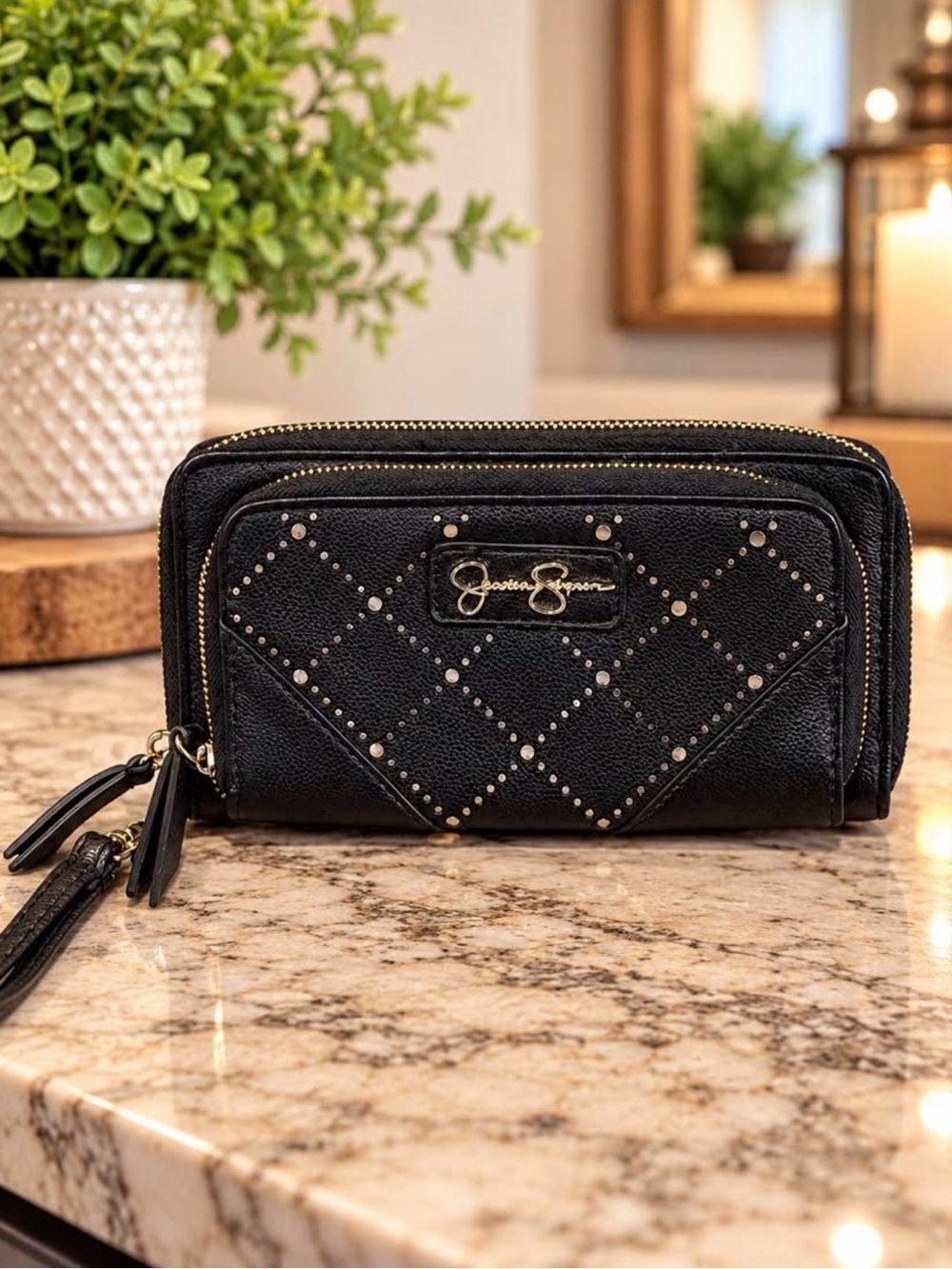Jessica Simpson Black Quilted Studded Wristlet Wallet